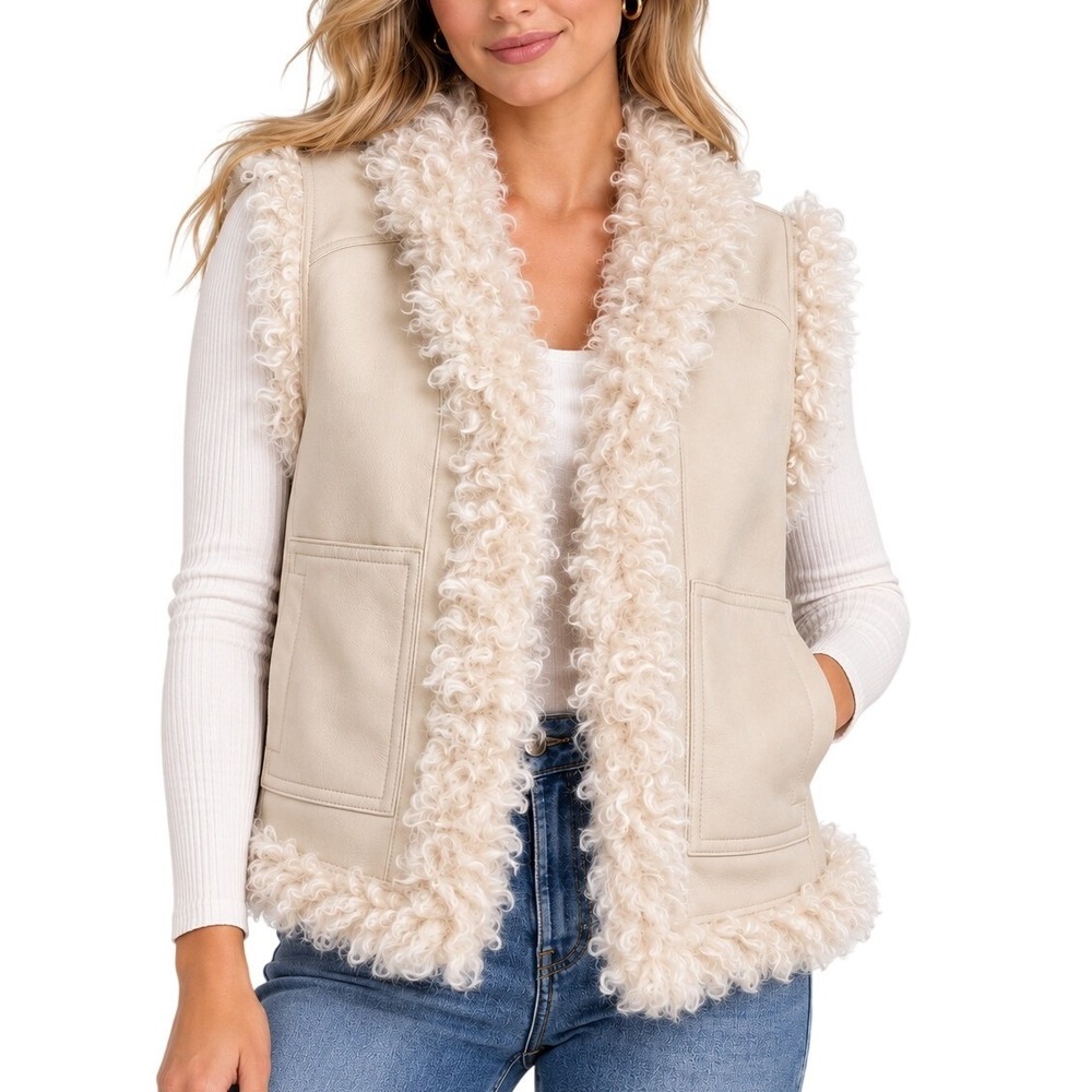 White House Black Market Faux Leather Sherpa Vest Sculpture Cream Small New